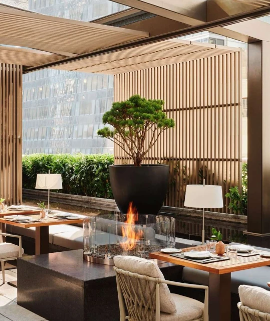 Outdoor restaurant seating area with tables set for dining, decorative fireplace, and plants against a backdrop of modern building.
