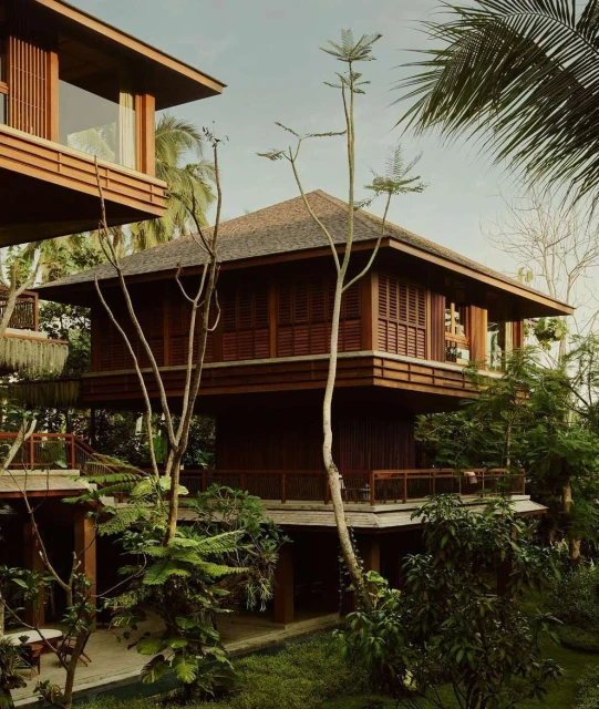 Elevated timber house amidst lush greenery and trees, showcasing sustainable architecture and tropical living in an outdoor environment.