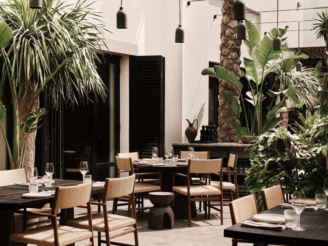 Indoor restaurant scene with set tables and chairs, surrounded by lush green plants and modern pendant lighting, creating a stylish ambiance.