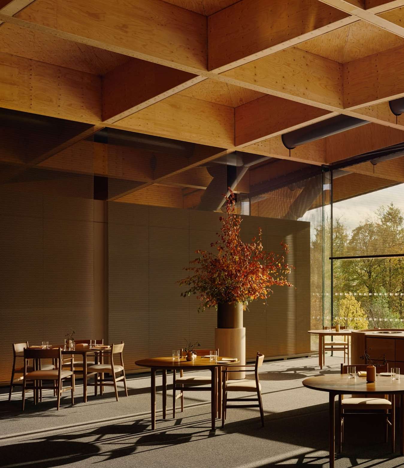 Warm-toned interior of a dining room with round tables and wood chairs, natural light streams through large windows showcasing green trees outside.