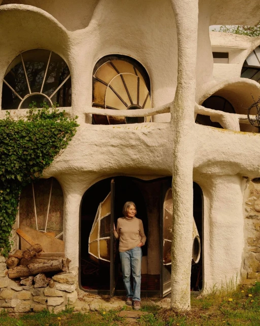 Woman stands in arched doorway of unique, stucco building with windows. Stone and greenery surround the structure in natural outdoor setting.