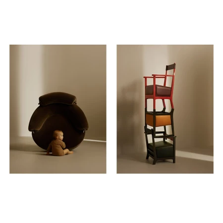Composite image featuring a baby near an oversized chair and a stack of chairs in front of a neutral background, studio lighting.