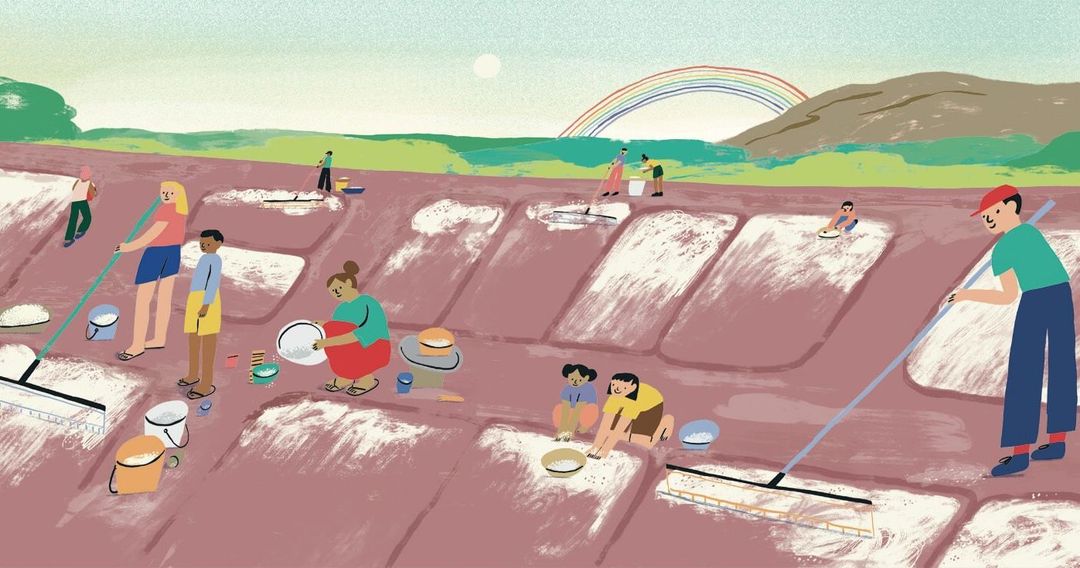 Illustration of people harvesting salt in shallow pools, using rakes and bowls on a sunny day with a rainbow in the background.