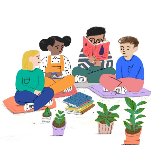 Illustration of four young people sitting cross-legged on cushions in a circle with books and potted plants on a white background.
