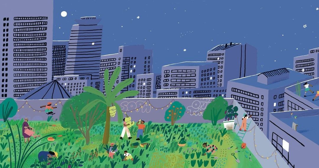 Illustration of people tending a rooftop garden in a city with buildings at night, showcasing urban agriculture and community involvement.
