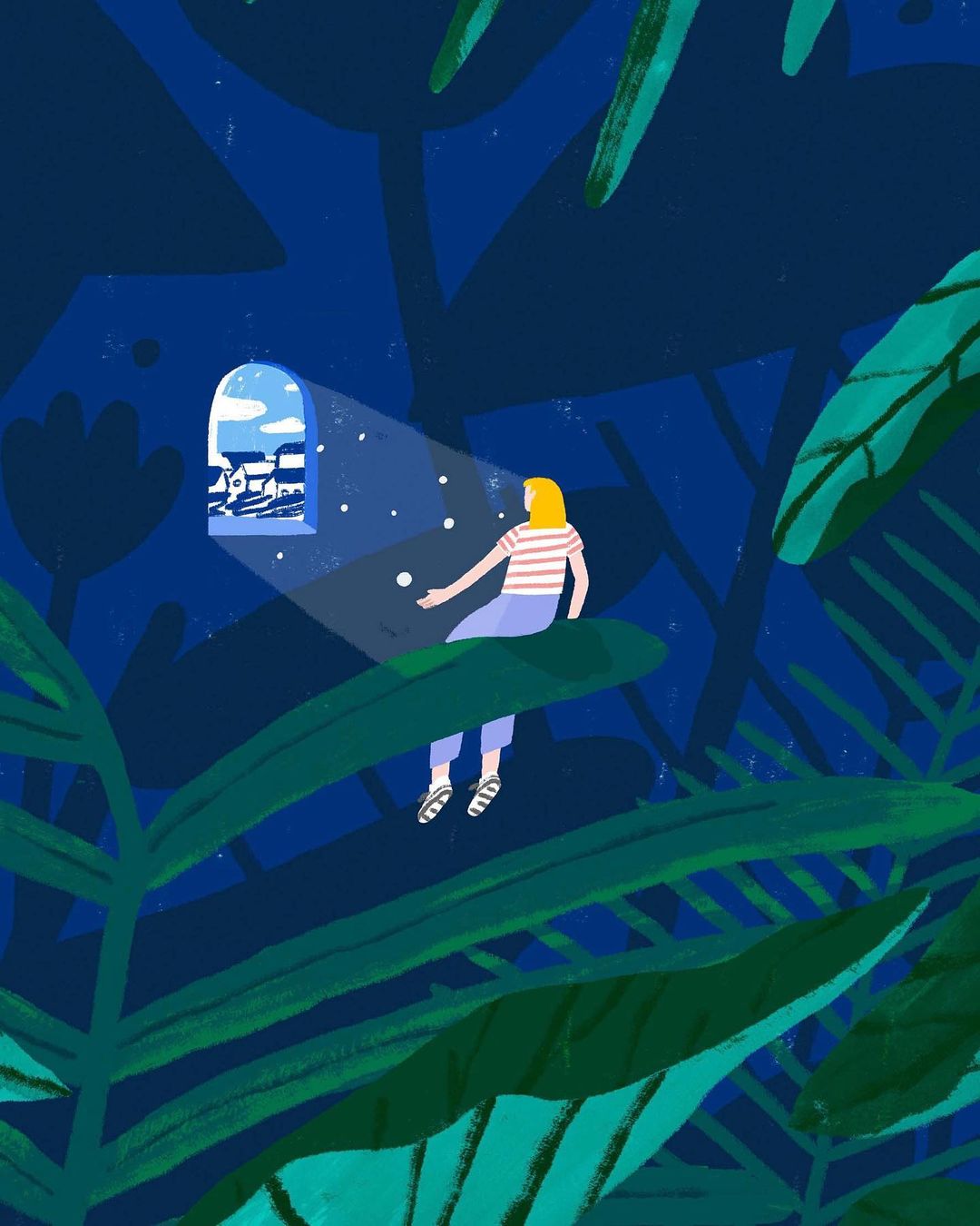 Illustration of a woman with blond hair sitting on a large leaf looking out from a window at a town by the sea at night.
