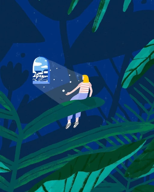 Illustration of a woman with blond hair sitting on a large leaf looking out from a window at a town by the sea at night.
