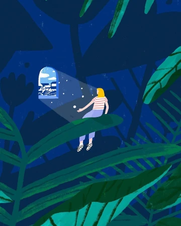 Illustration of a woman with blond hair sitting on a large leaf looking out from a window at a town by the sea at night.