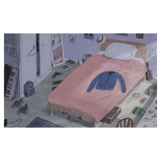 Illustration of a messy bedroom featuring a bed, open closet, piano, and various scattered items in a whimsical, artistic style.