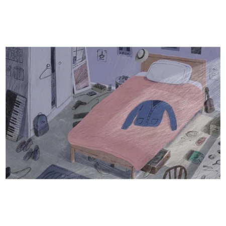 Illustration of a messy bedroom featuring a bed, open closet, piano, and various scattered items in a whimsical, artistic style.