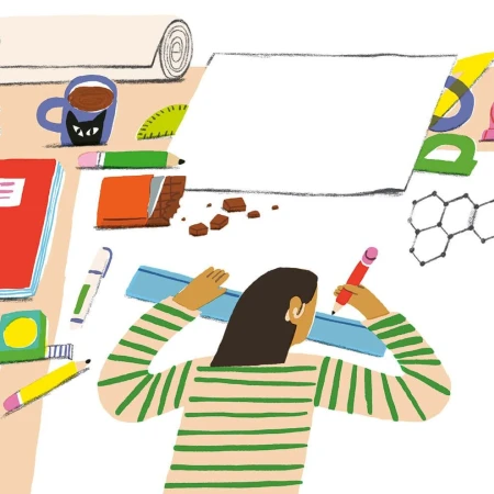 Illustration of an artist drawing at a desk with art supplies and a blank sheet of paper in a bright and colorful indoor setting.