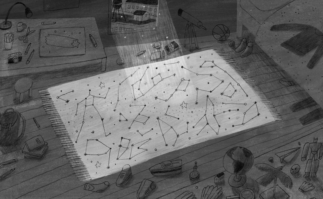 Monochrome drawing depicts a room interior with a constellation-patterned rug, desk with art supplies, and various objects scattered on the floor.