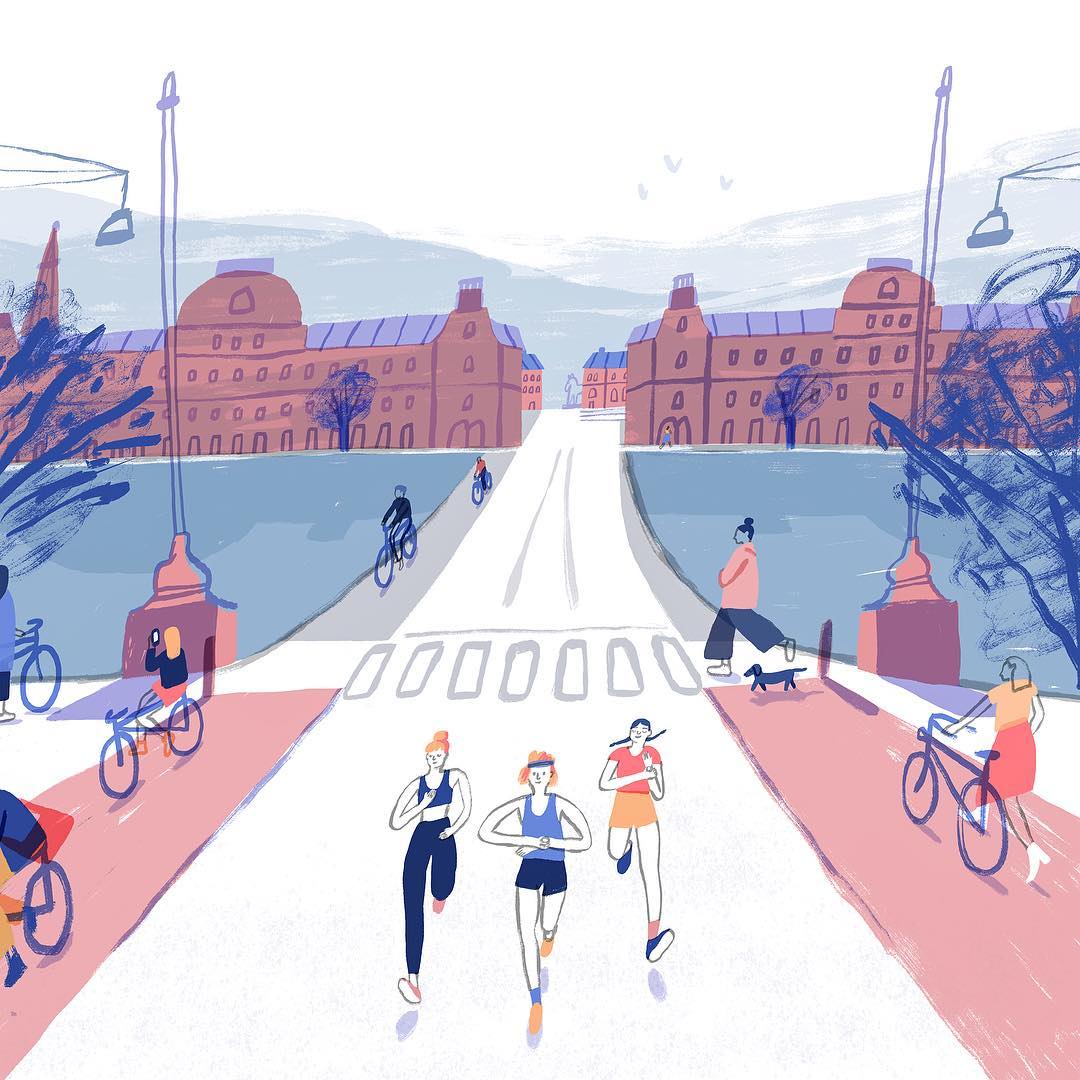 Illustration of three women running in a marathon on a city street with spectators, buildings, and trees in the background.