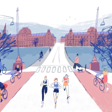 Illustration of three women running in a marathon on a city street with spectators, buildings, and trees in the background.