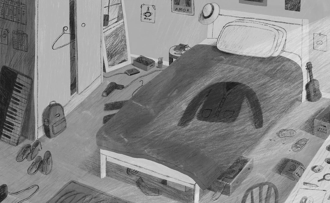 Black and white drawing of a bedroom interior with bed, guitar, piano, desk and open closet in a sketched style art.