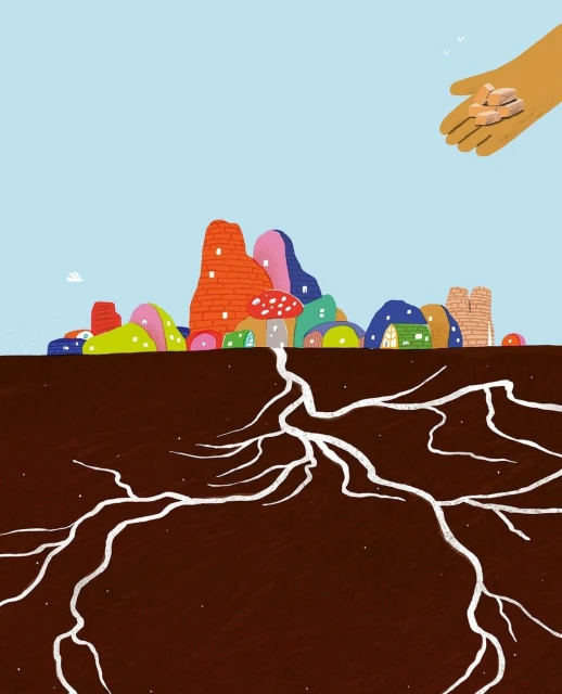 Illustration depicting soil with roots, a cityscape on top, and a hand sprinkling seeds, set against a light blue sky.