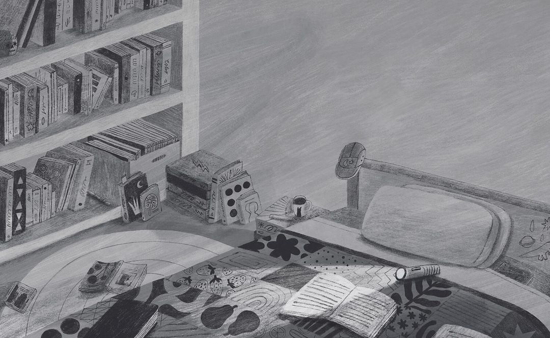 Monochromatic illustration showcases an untidy room, books, and bed, rendered in detailed pencil and digital drawing style.