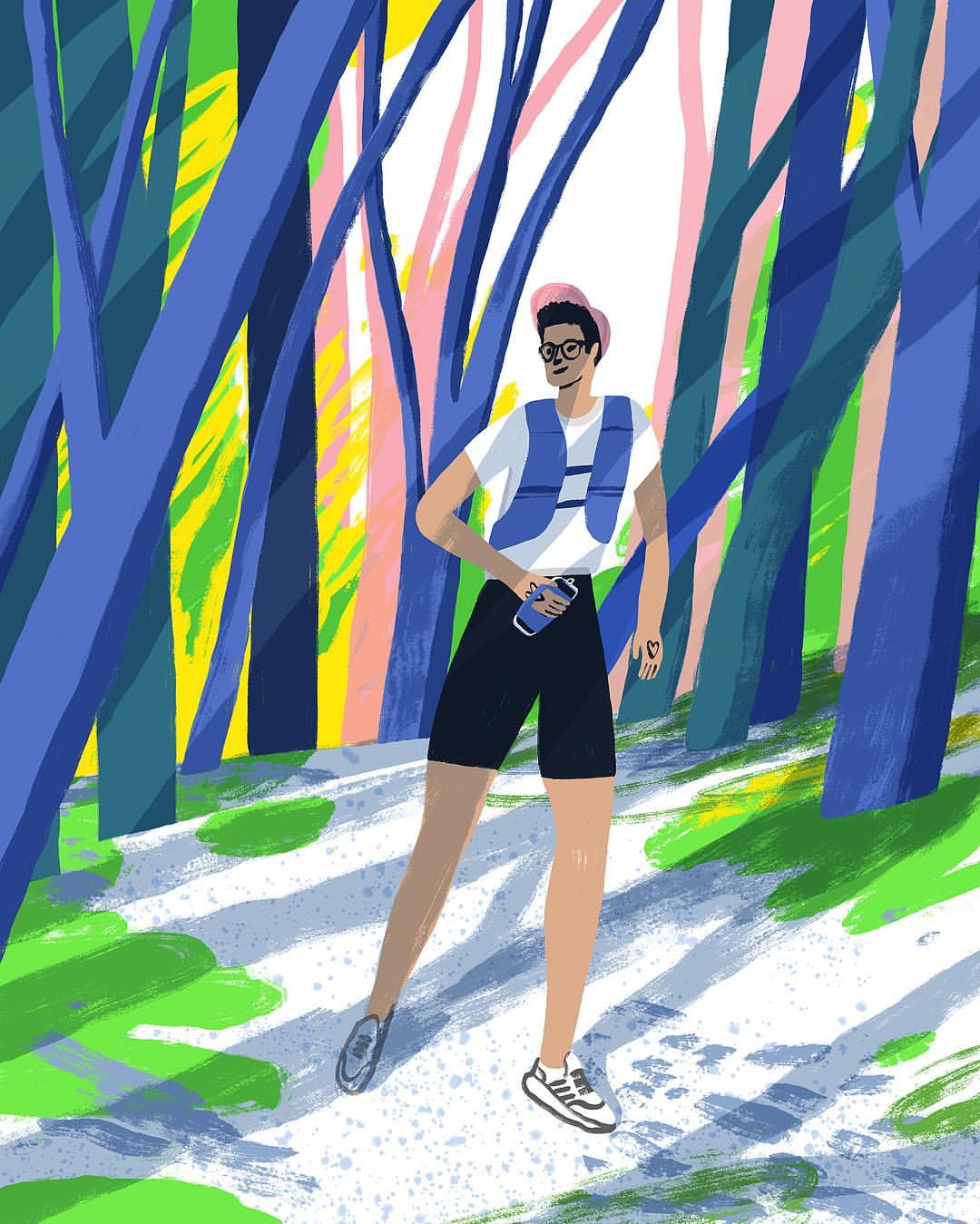 Illustration of a man trail running through a colorful forest, wearing a running vest and holding a water bottle, depicted in a vibrant style.