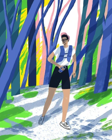 Illustration of a man trail running through a colorful forest, wearing a running vest and holding a water bottle, depicted in a vibrant style.