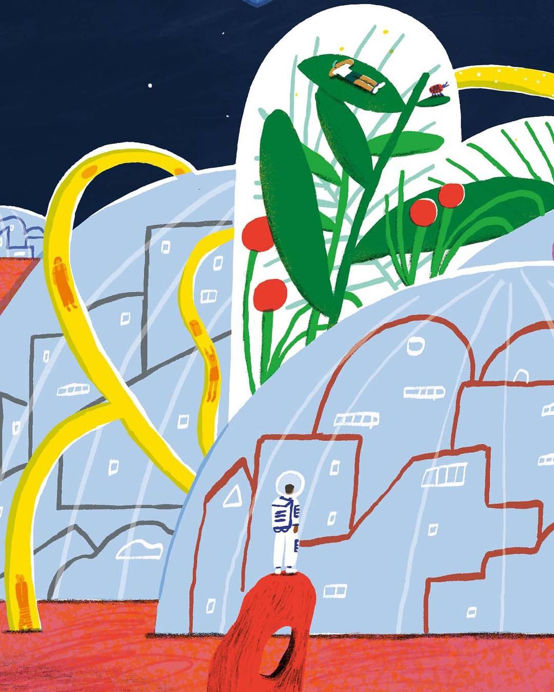 Illustration of an astronaut standing on red rock looking towards futuristic blue dome buildings with vegetation and a person on top.