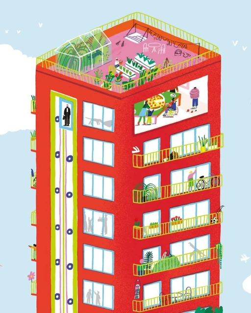 Illustration of a tall residential building with various activities visible through windows and on the rooftop, set against a sky.