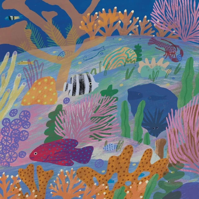 Whimsical illustration of an underwater reef habitat teeming with colorful corals, fish, and a lobster, set against a deep blue ocean backdrop.