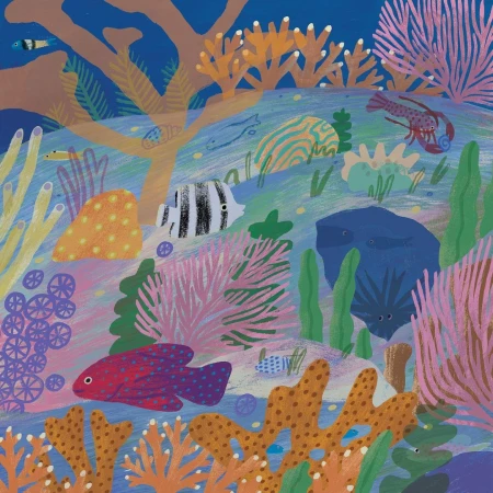 Whimsical illustration of an underwater reef habitat teeming with colorful corals, fish, and a lobster, set against a deep blue ocean backdrop.