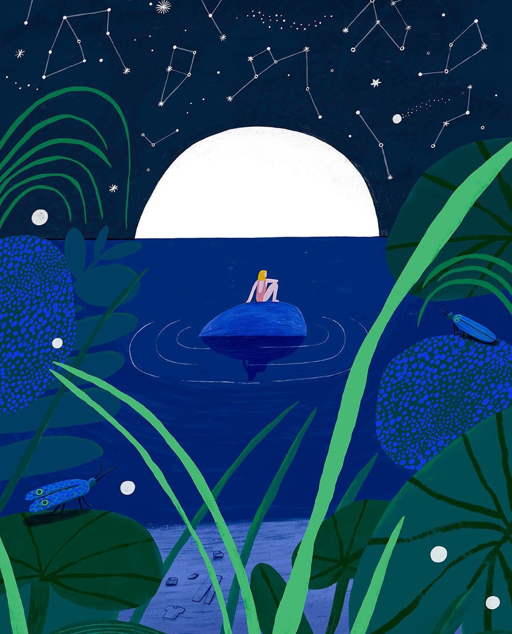 Illustration of a woman on a rock in water at night under a full moon and constellations, surrounded by tall green vegetation.