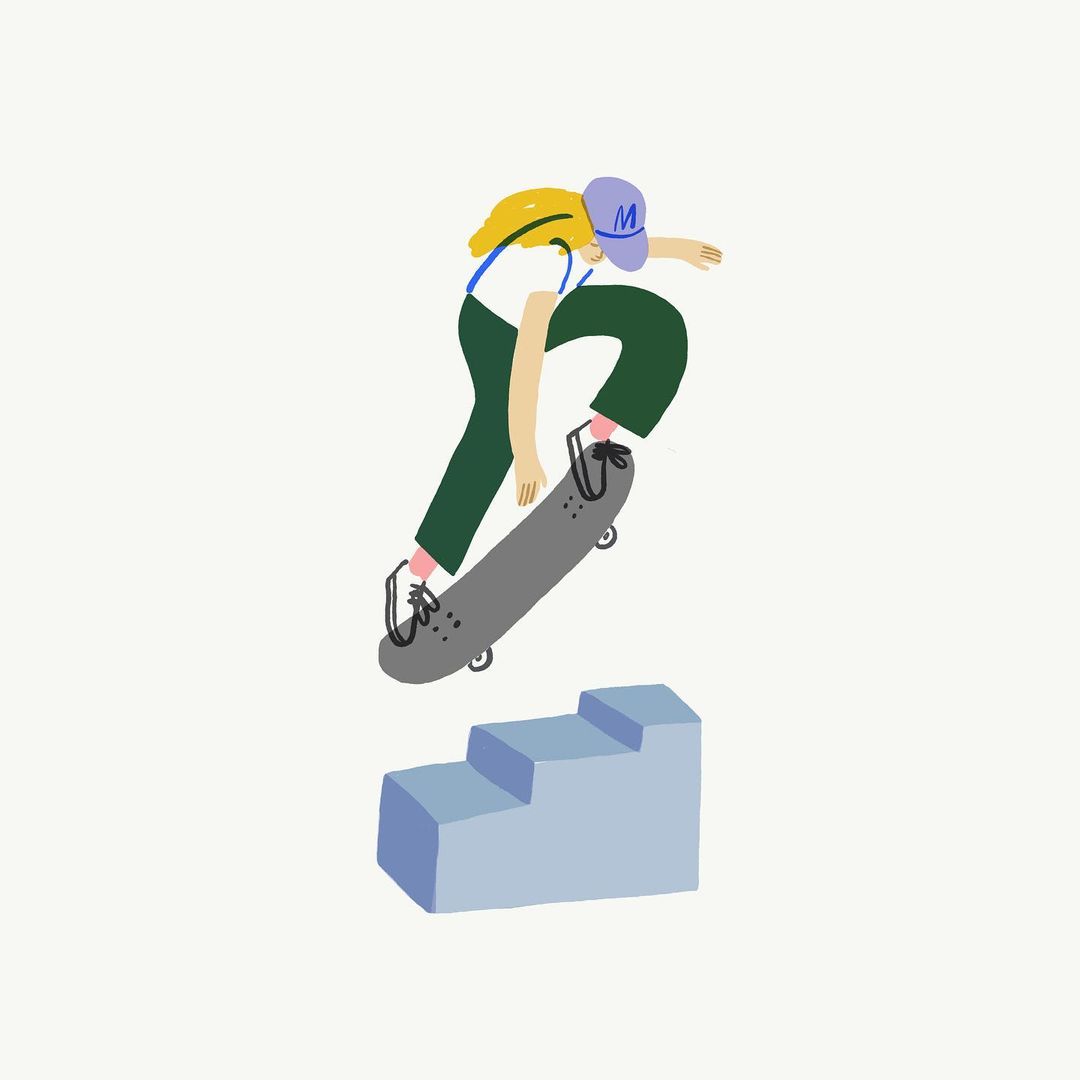 Illustration of skateboarder in mid-air performing trick over blue stairs on a white background, wearing cap, backpack, and green pants.