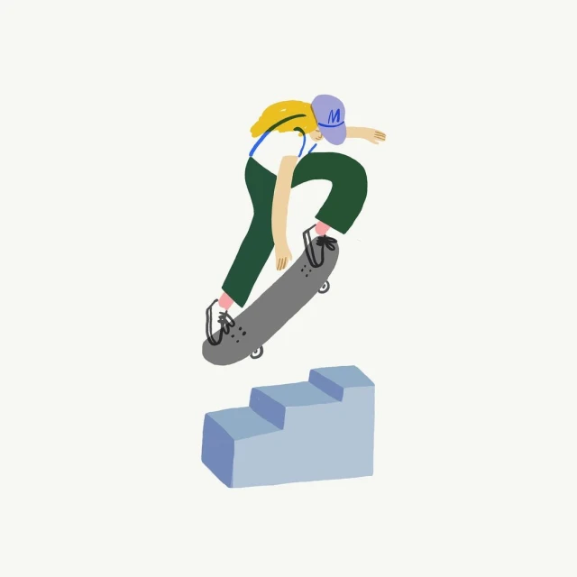 Illustration of skateboarder in mid-air performing trick over blue stairs on a white background, wearing cap, backpack, and green pants.