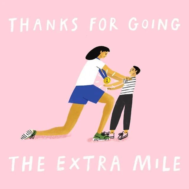 Illustration of a female athlete placing a gold medal around a child's neck in recognition of their extra mile of effort.