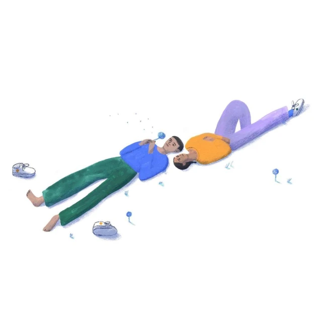 Illustration of two young adults lying on their sides in an open area with small blue flower accents and sneakers; one person holds a flower.