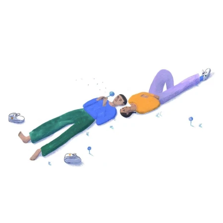 Illustration of two young adults lying on their sides in an open area with small blue flower accents and sneakers; one person holds a flower.
