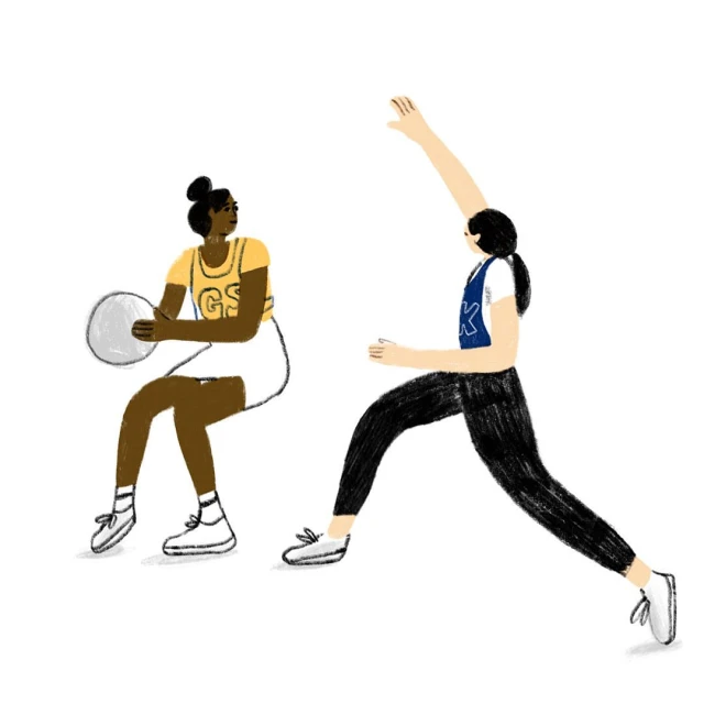 Illustration of two female netball players in action, one holding a ball and the other with her arm raised, set against a white background.