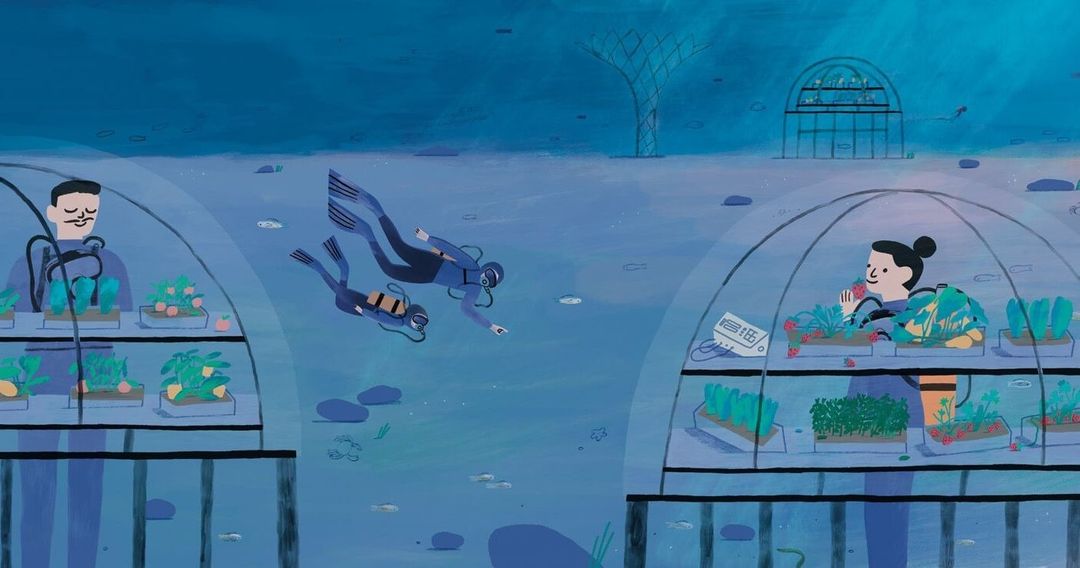 Illustration of an underwater farm with divers tending to the crops in domed enclosures in a blue ocean environment.