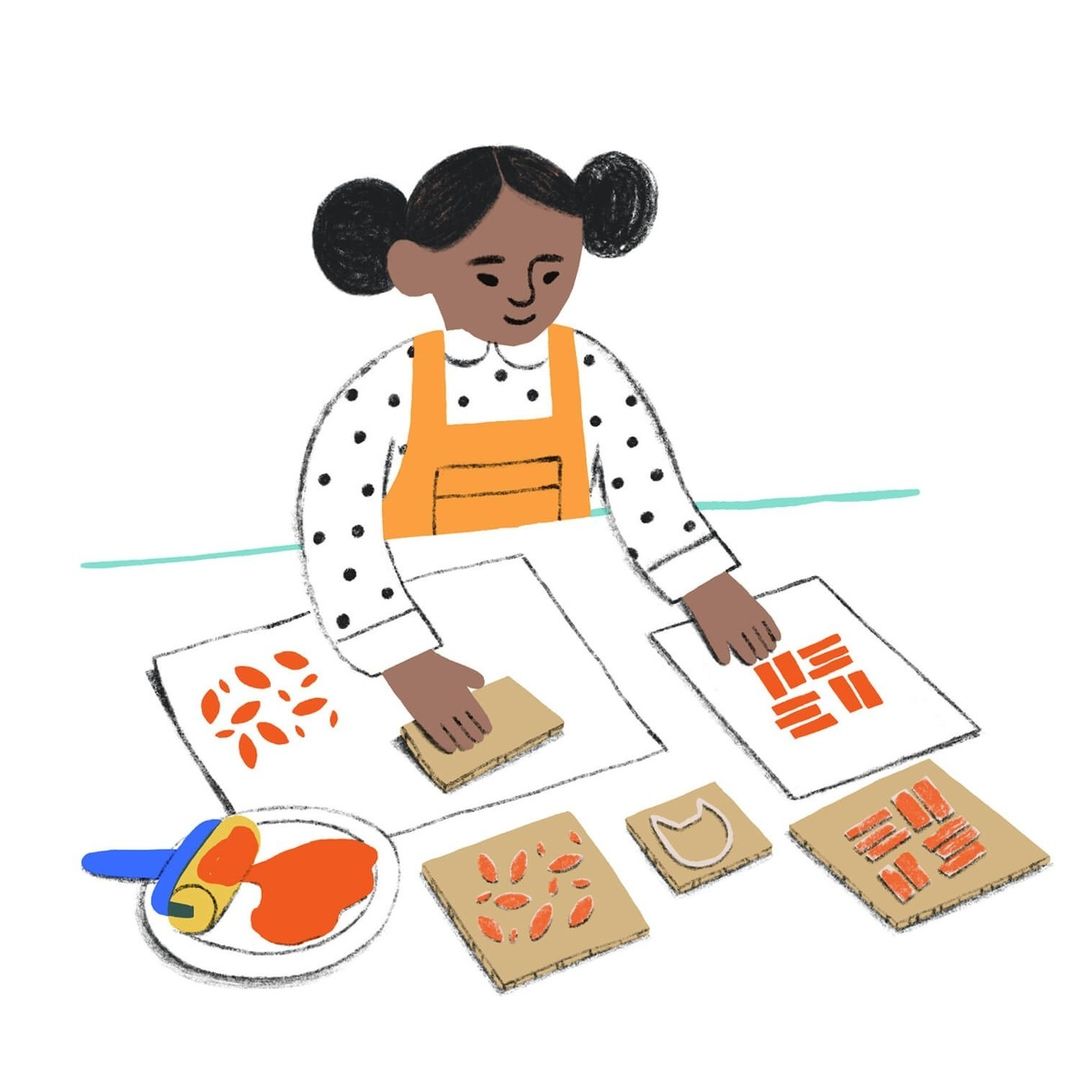 Illustration of a child art activity with a young girl wearing an orange apron and printmaking with stamps and colorful paint.