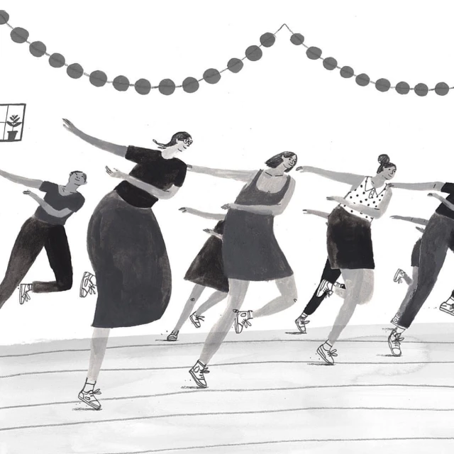 Illustration of a group of women and one man in black and white tones, dancing in sync, with a decorative string overhead.
