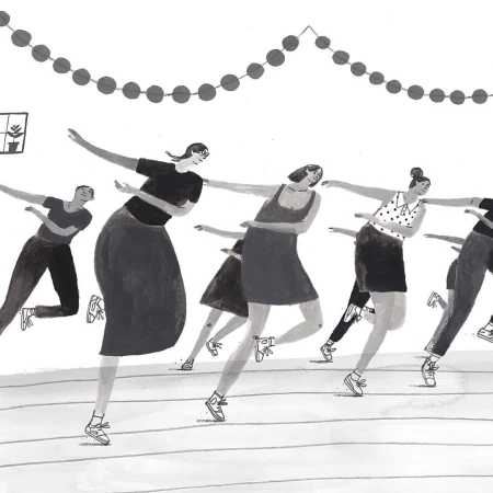 Illustration of a group of women and one man in black and white tones, dancing in sync, with a decorative string overhead.