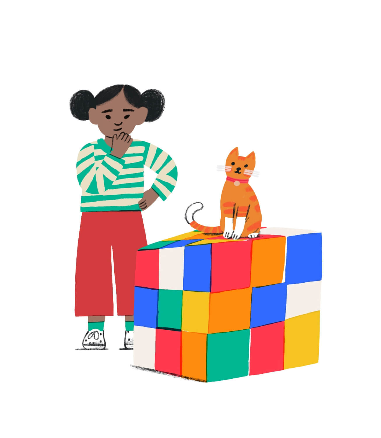 Illustration of a child with brown skin and an orange cat sitting atop a large colorful Rubik's Cube-like block structure.