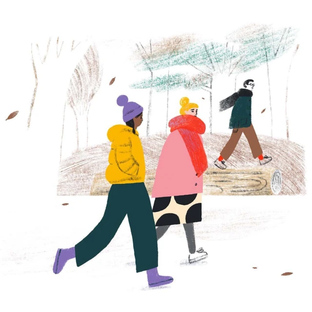 Illustration of three figures walking through a forest in cool-toned jackets and pants. The background is abstract and minimal.