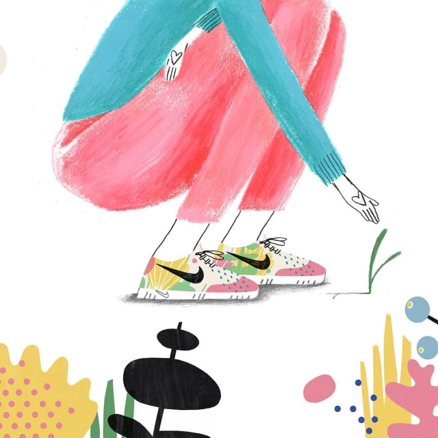 Whimsical illustration of a figure crouching near grass, showcasing patterned sneakers and a light-hearted, illustrative style.
