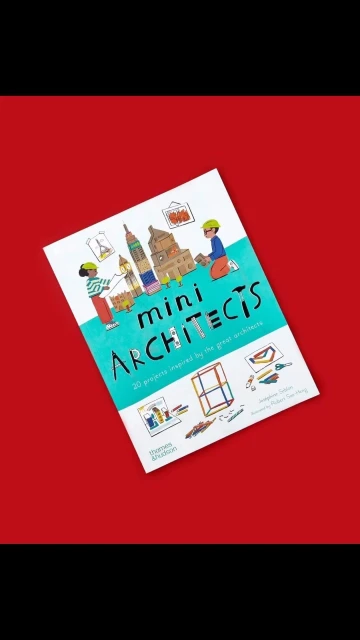 Illustrated cover of the 'Mini Architects' book against a red backdrop, showcasing a playful architectural theme for children.