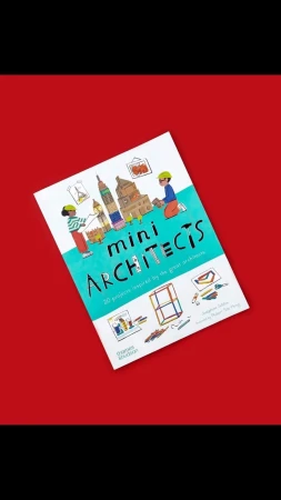 Illustrated cover of the 'Mini Architects' book against a red backdrop, showcasing a playful architectural theme for children.