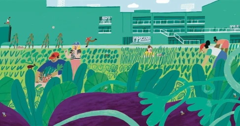 Digital illustration of people gardening in front of a large green building with oversized purple vegetables in the foreground.