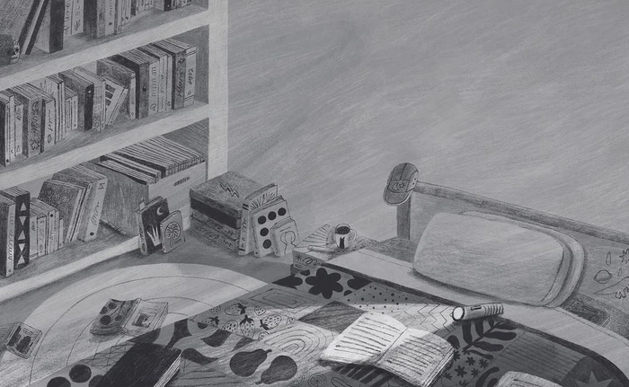 Monochrome pencil illustration of a cozy bedroom interior featuring a bookshelf, a bed with patterned quilt, and books scattered on the floor.