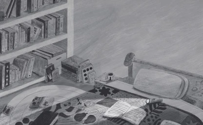 Monochrome pencil illustration of a cozy bedroom interior featuring a bookshelf, a bed with patterned quilt, and books scattered on the floor.