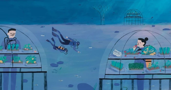 Digital illustration of underwater domes with scuba divers and greenhouse farming by Robert Sae-heng