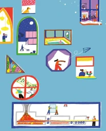 Digital illustration by Robert Sae-heng featuring multiple framed miniature scenes against a light blue background.