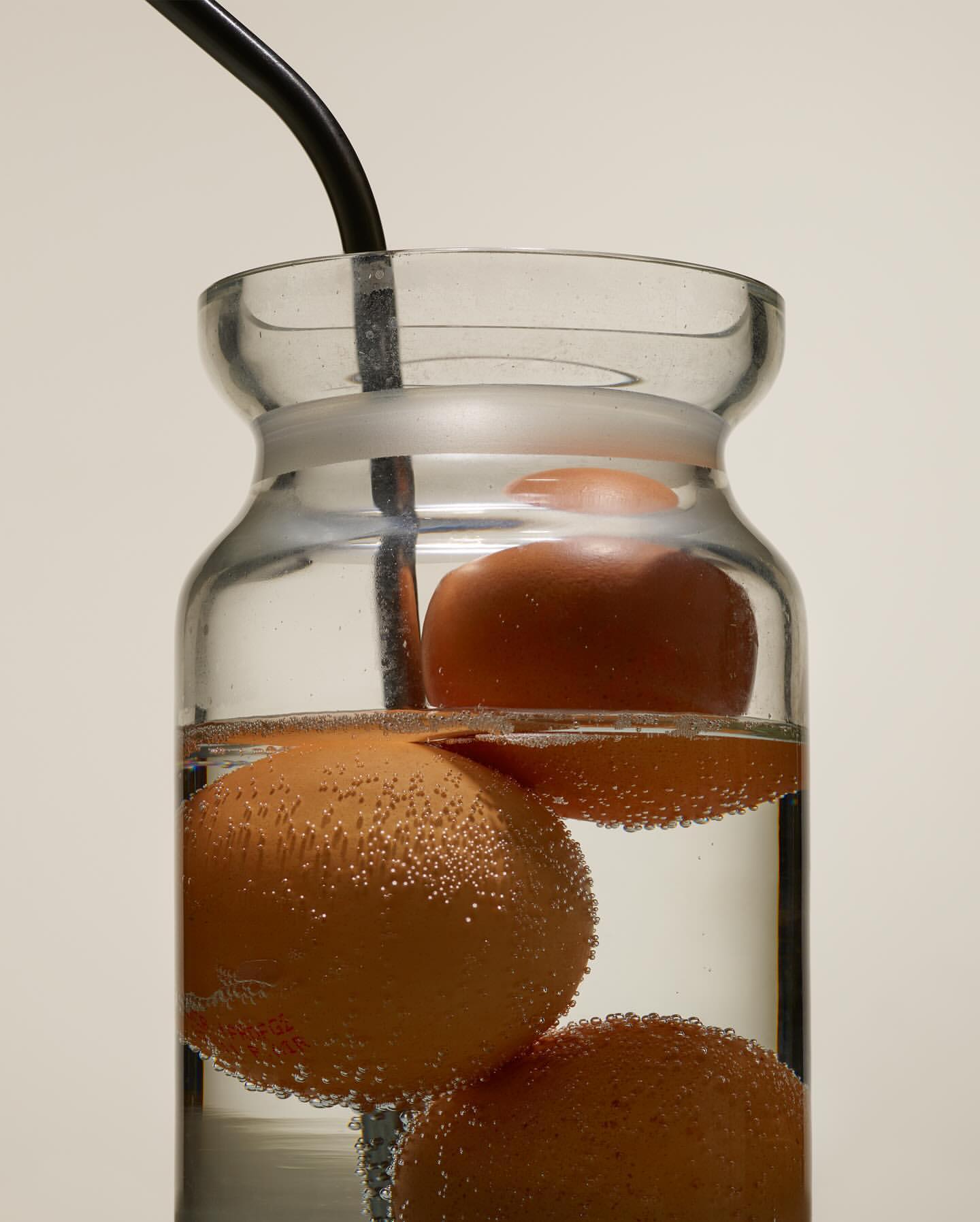 A clear glass jar with three brown eggs suspended in water by a black wire, with bubbles clinging to the eggs.