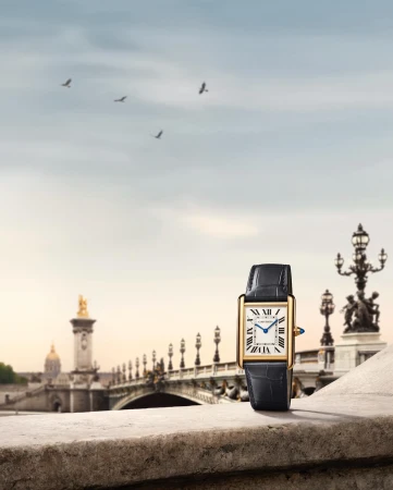 Luxury wristwatch with a leather band is displayed on a stone ledge with a Parisian bridge and the sky in the background.